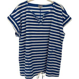 Talbots Women XL Terry Split Neck Drawstring-bottom Tunic Top Blue White Stripe